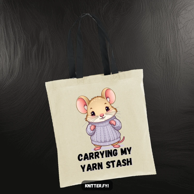 Funny mouse tote bag featuring a curious mouse trying on a miniature knitted sweater, a stylish and humorous accessory.