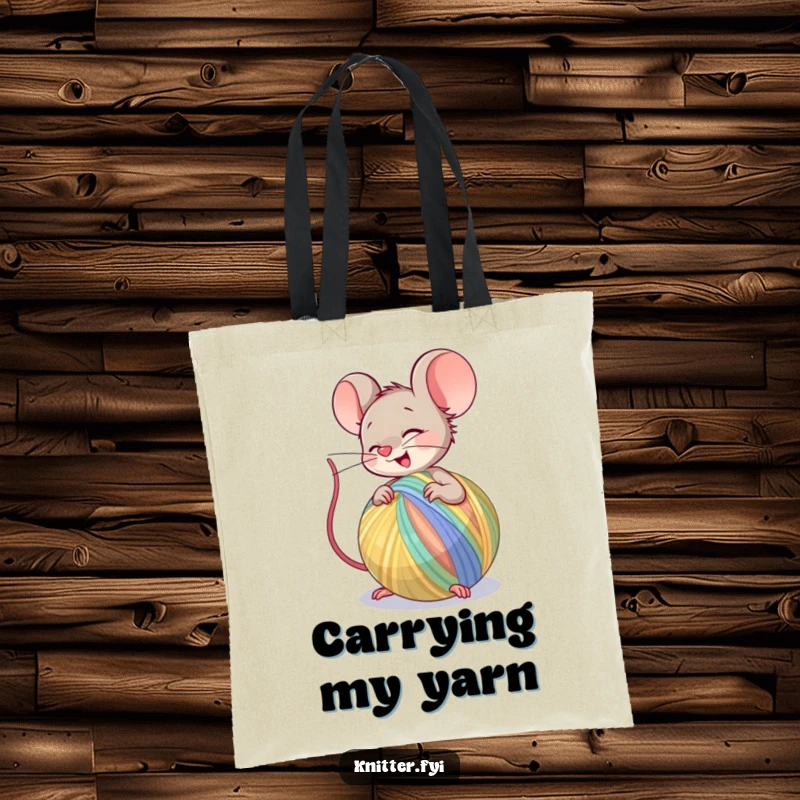 Funny Tote Bag featuring a giggling mouse character spinning a large ball of colorful yarn, a charming accessory for craft lovers.