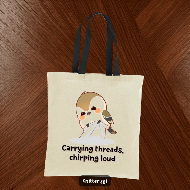 Funny tote bag depicting a small, giggling chickadee bird discovering amusement while pecking at a piece of material.