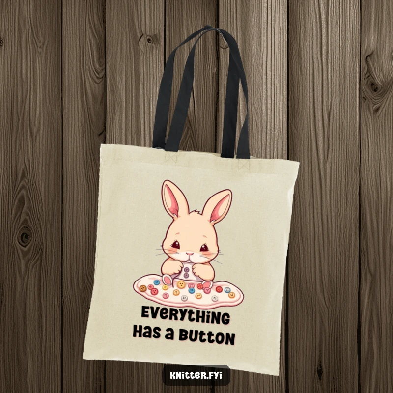 Funny rabbit tote bag showing a determined bunny meticulously sewing tiny buttons onto fabric. Perfect for sewers.