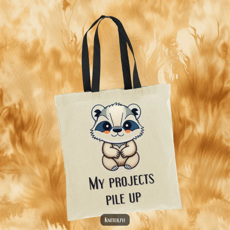 Funny badger embroidery tote bag with a determined badger stitching a design, a humorous accessory for crafters.