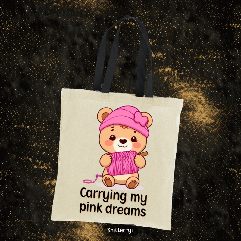 Funny bear cub tote bag holding a spool of vibrant pink yarn, smiling, a stylish and humorous accessory for crafters.