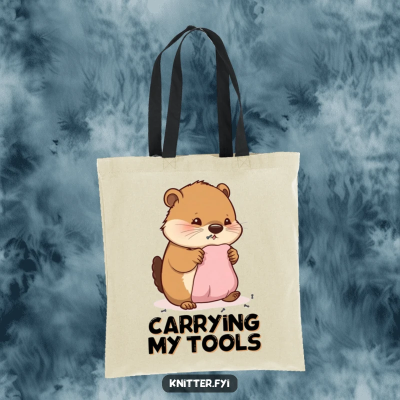 Funny tote bag with a happy beaver diligently hammering tiny nails into miniature fabric, a practical and humorous accessory.