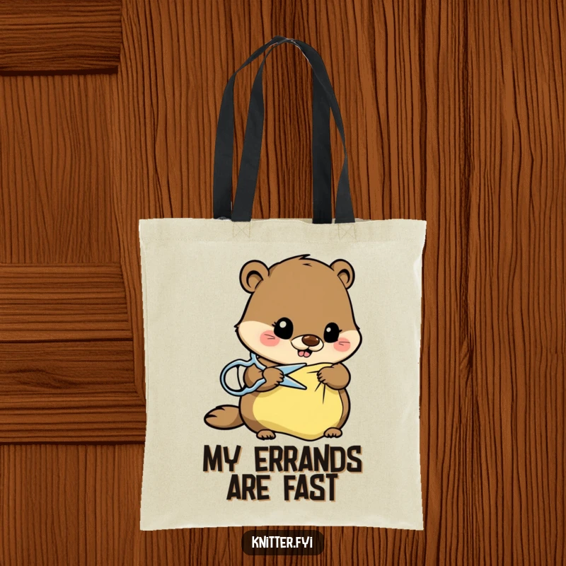 Funny beaver sewing tote bag with a busy beaver cutting fabric using sharp scissors, a humorous carrying solution.
