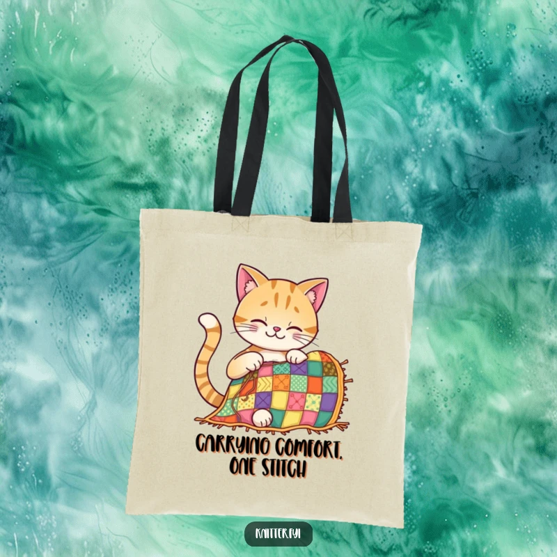 Funny cat tote bag depicting a smiling cat focused on stitching a beautiful, multicolored patchwork quilt.