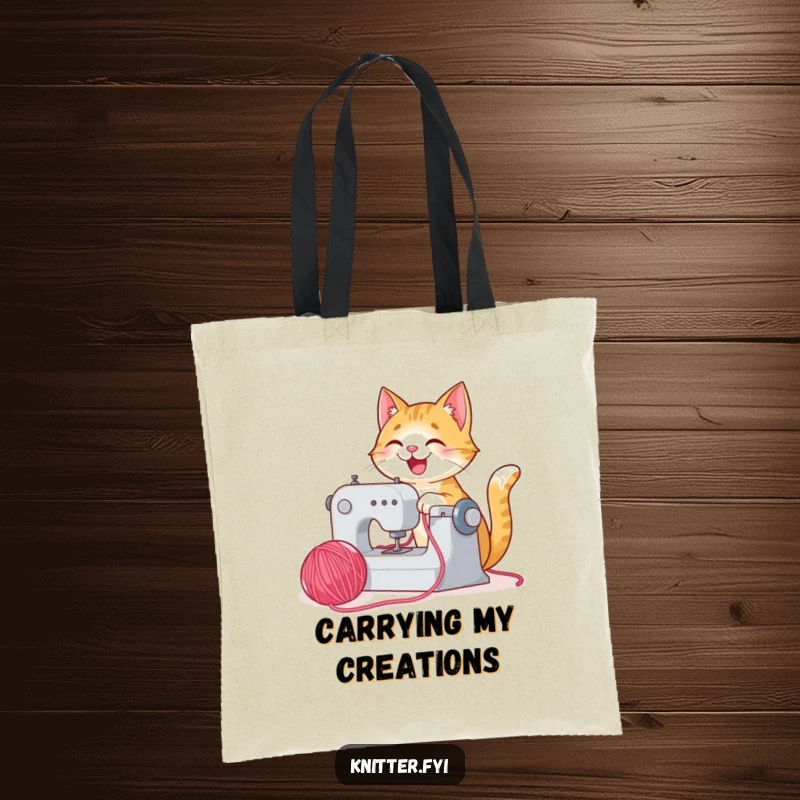 Funny happy cat tote bag sewing with yarn, a practical and humorous accessory for crafters.