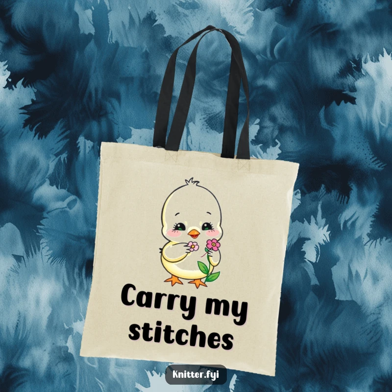 Funny Tote Bag showcasing a sweet chick carefully embroidering a tiny, smiling flower, a charming and practical accessory.