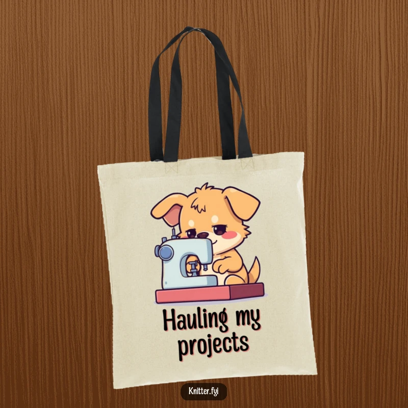 Funny Dog Tote Bag featuring a determined dog character using a sewing machine with great focus, perfect for sewing supplies.
