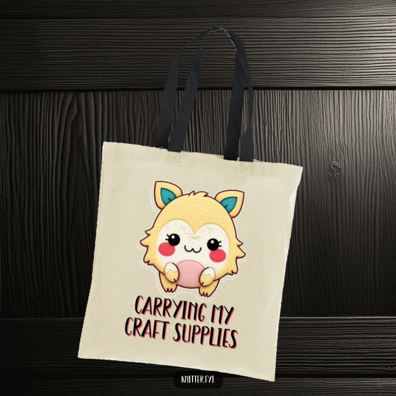Funny tote bag illustrated with a gleeful creature with rosy cheeks, happily cutting felt, perfect for carrying craft supplies.