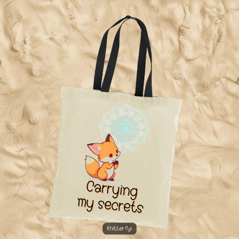 Funny tote bag with a curious fox character examining a complex lace pattern being woven in the air, perfect for art supplies.