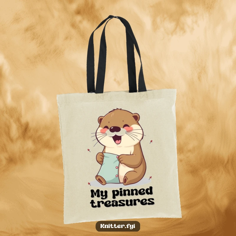 Funny excited otter tote bag pinning fabric with tiny pins, a practical and humorous accessory.
