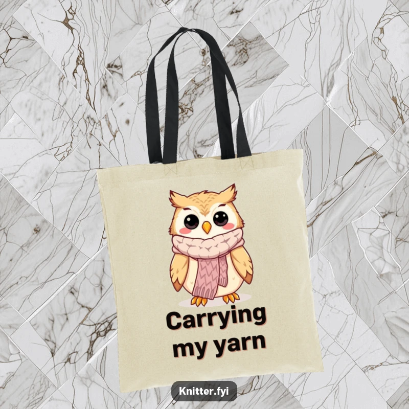 Funny owl knitting tote bag with a happy owl proudly showing off a knitted scarf, great for yarn and supplies.