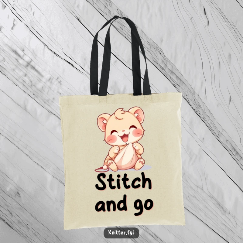 Funny tote bag featuring a delighted creature using nimble paws to guide a needle through soft cloth, celebrating the joy of sewing.