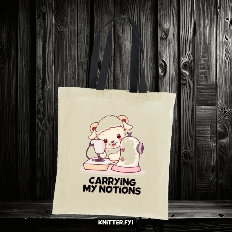 Funny sheepdog tote bag showing a dog happily sewing on a machine with oversized buttons, great for carrying supplies.