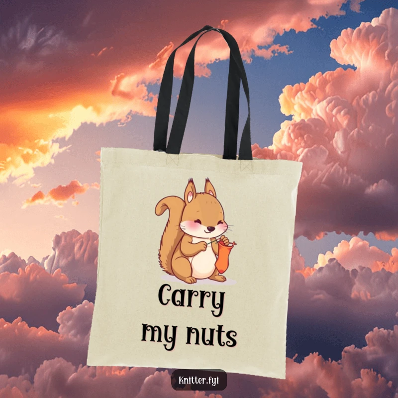 Funny squirrel mending tote bag, diligently sewing a sock with needle and thread, a practical and humorous carry-all.