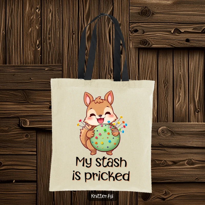 Funny squirrel tote bag with a joyful squirrel holding a pincushion full of colorful pins, a humorous accessory for crafters.