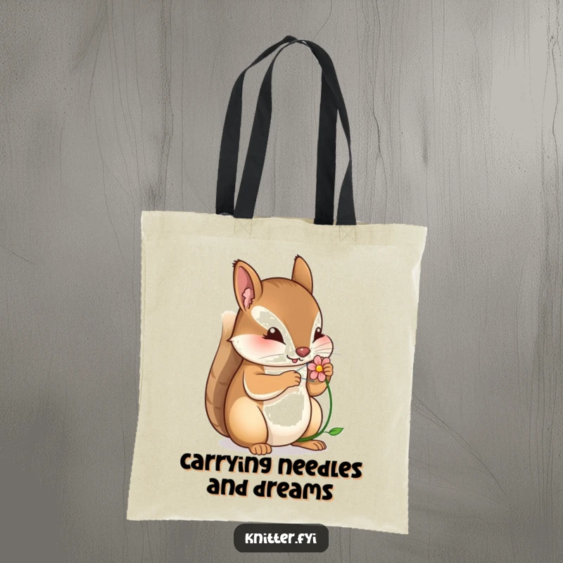 Funny tote bag showcasing a focused squirrel skillfully stitching a small, beautiful flower, perfect for stylish carrying.