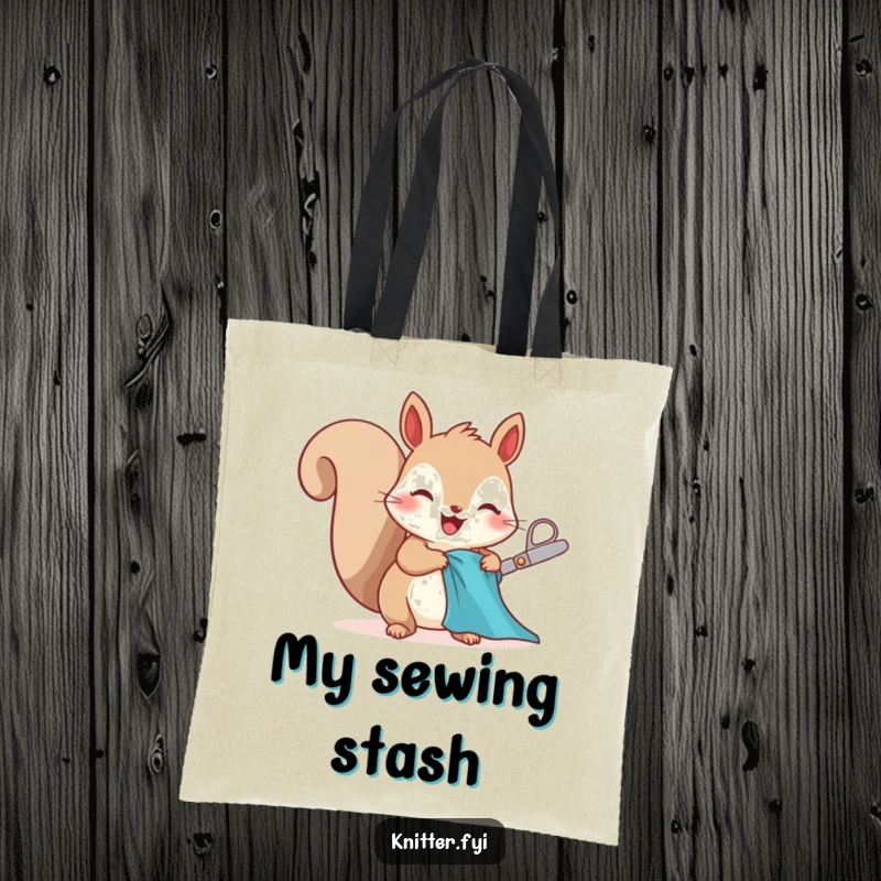 Funny squirrel tote bag character, happily cutting fabric, a cute and humorous way to carry supplies.