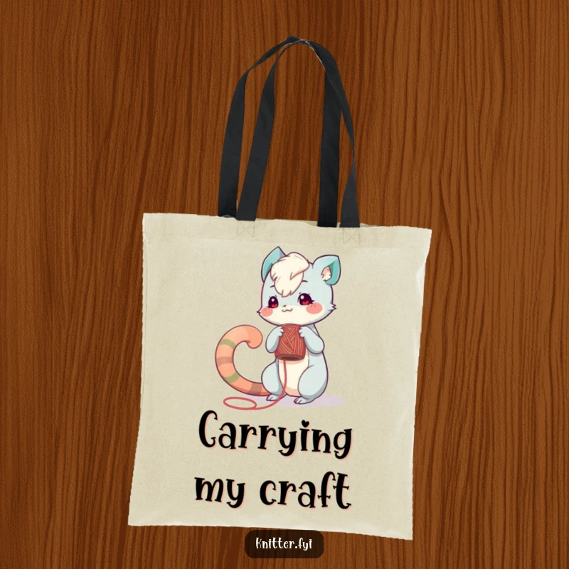 Funny tote bag: A creature with a long tail carefully winds colorful yarn around a spool, perfect for craft supplies.