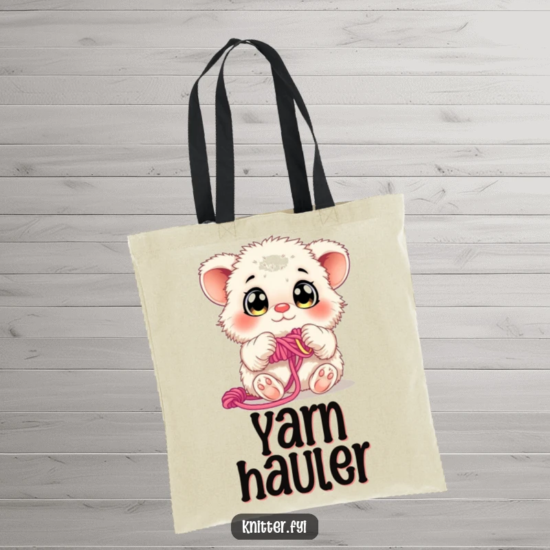 Funny Tote Bag: A fluffy creature with curious eyes is weaving colorful yarn with its paws, ready for your supplies.