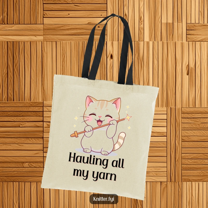 Funny tote bag featuring a playful cat character threading a giant, sparkling needle, perfect for carrying cat-themed items.