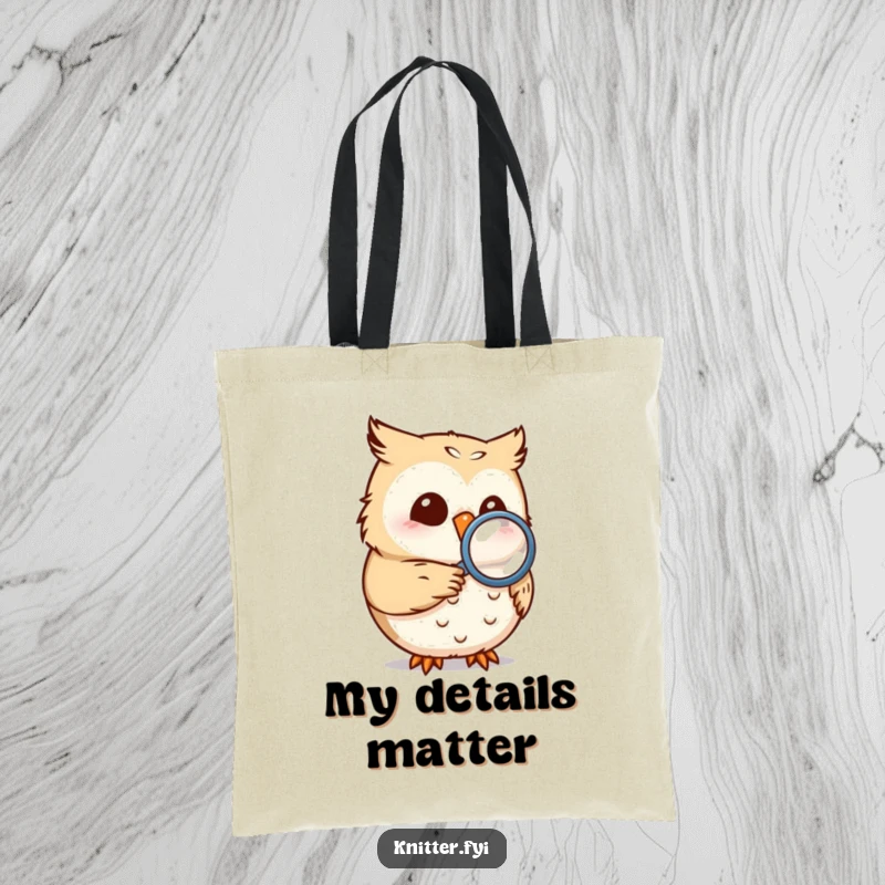 Funny owl tote bag showcasing a smiling owl with a magnifying glass looking at a tiny seam, a humorous shopping companion.