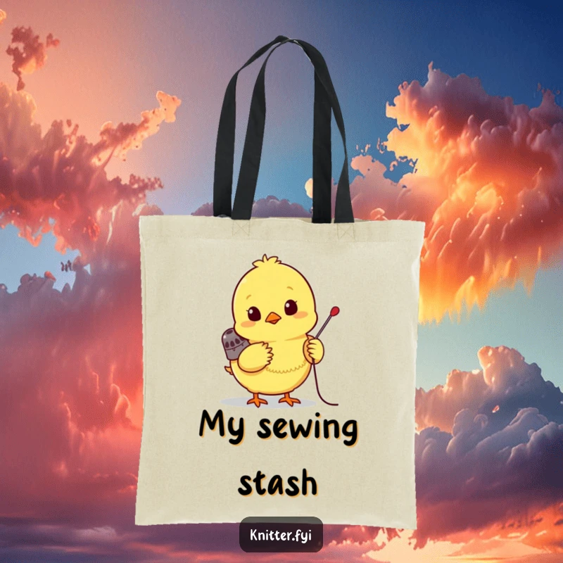 Funny chick tote bag, a bright yellow chick wearing a tiny thimble, eagerly pushing a needle, practical and cute.