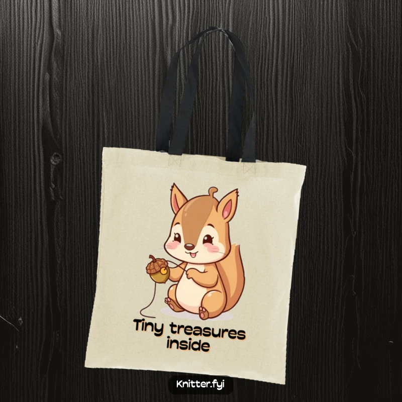 Funny Squirrel Tote Bag: A cheerful squirrel carefully stitches a tiny acorn cap, a humorous and practical bag.